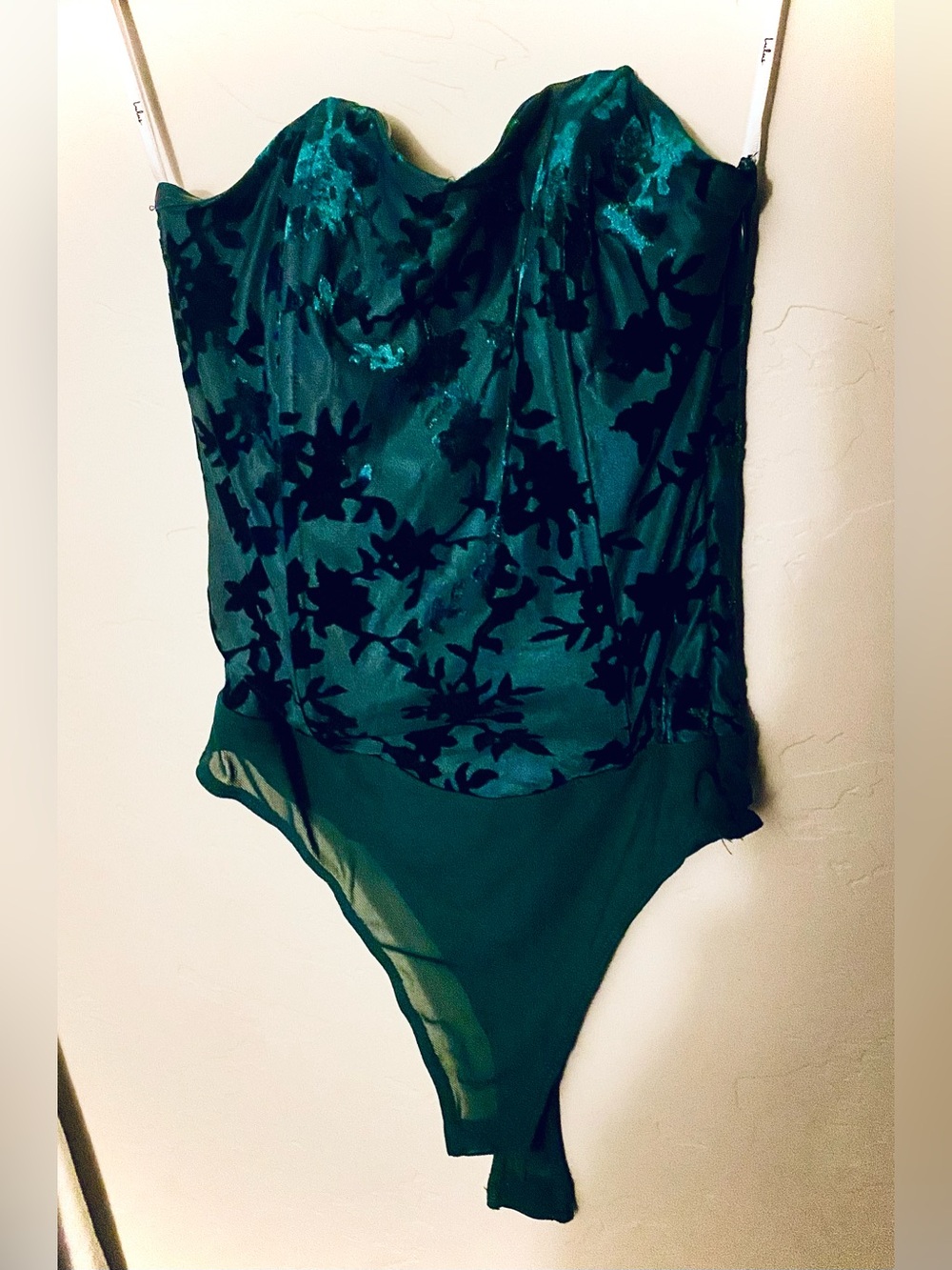 Lulu's Teal Green Strapless Floral Burnout Bandeau Bodysuit
